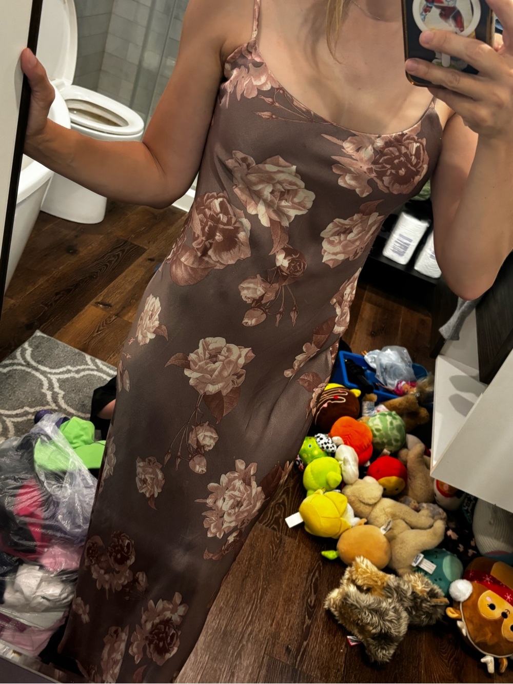 Floral Satin Slip Dress in Mauve Brown dynamite